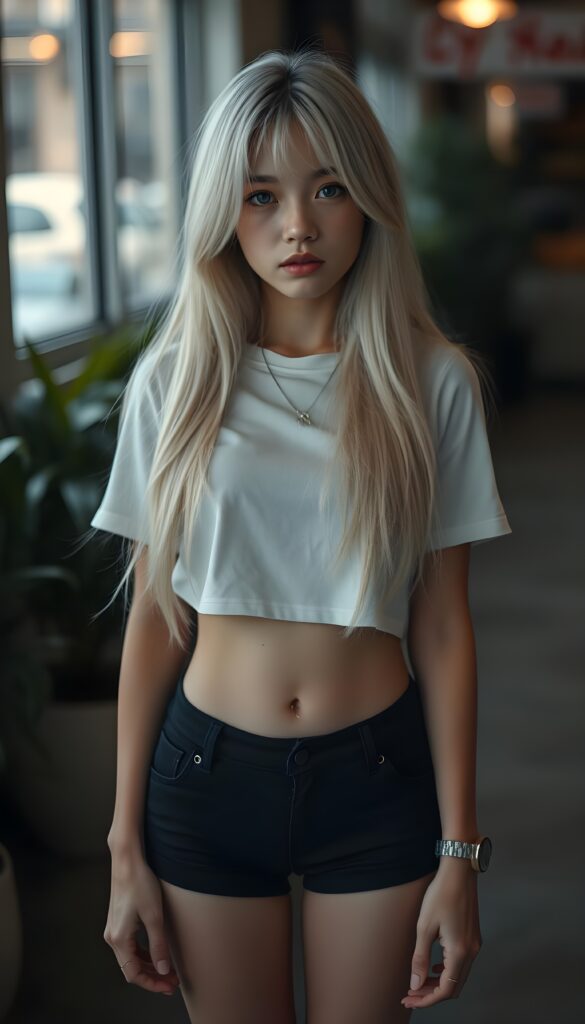 a upper body portrait, (((super cute adult girl))) with pale skin and (((adorable sparkling eyes))), along with long, flowing (((soft straight white hair))), dressed in a sleek ((white short cropped t-shirt, you can see her belly button)), (((black mini shorts))), and (comfortable, casual shoes) that give off a cozy, laid-back vibe, she stands in front of the viewer