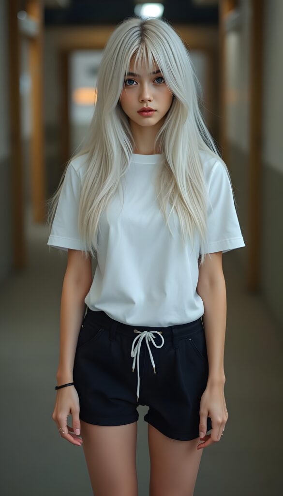 a upper body portrait, (((super cute adult girl))) with pale skin and (((adorable sparkling eyes))), along with long, flowing (((soft straight white hair))), dressed in a sleek ((white short t-shirt)), (((black mini shorts))), and (comfortable, casual shoes) that give off a cozy, laid-back vibe, she stands in front of the viewer