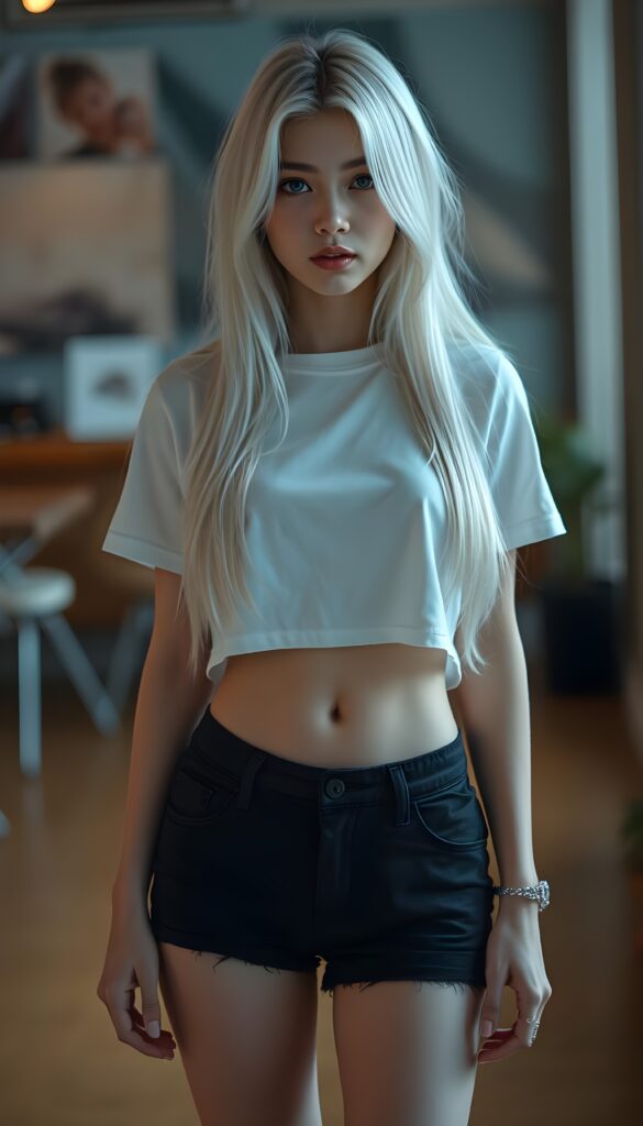 a upper body portrait, (((super cute adult girl))) with pale skin and (((adorable sparkling eyes))), along with long, flowing (((soft straight white hair))), dressed in a sleek ((white short cropped t-shirt, you can see her belly button)), (((black mini shorts))), and (comfortable, casual shoes) that give off a cozy, laid-back vibe, she stands in front of the viewer