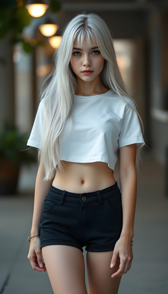 a upper body portrait, (((super cute adult girl))) with pale skin and (((adorable sparkling eyes))), along with long, flowing (((soft straight white hair))), dressed in a sleek ((white short cropped t-shirt, you can see her belly button)), (((black mini shorts))), and (comfortable, casual shoes) that give off a cozy, laid-back vibe, she stands in front of the viewer