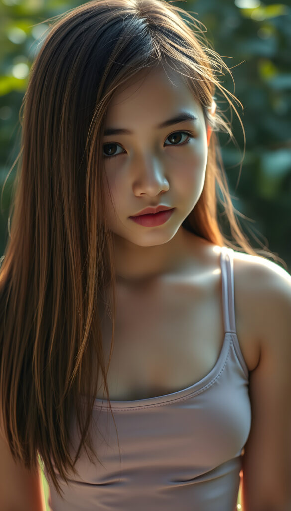 a upper portrait from a cute filipino girl with straight, open soft chestnut-brown hair with golden highlights, same length right and left, her hair falls down to her body, stunning, gorgeous, perfect female curved body, belly button, short tank top