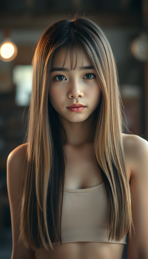 a upper portrait from a cute filipino girl with straight, open soft chestnut-brown hair with golden highlights, same length right and left, her hair falls down to her body, stunning, gorgeous, perfect female curved body, belly button, short tank top