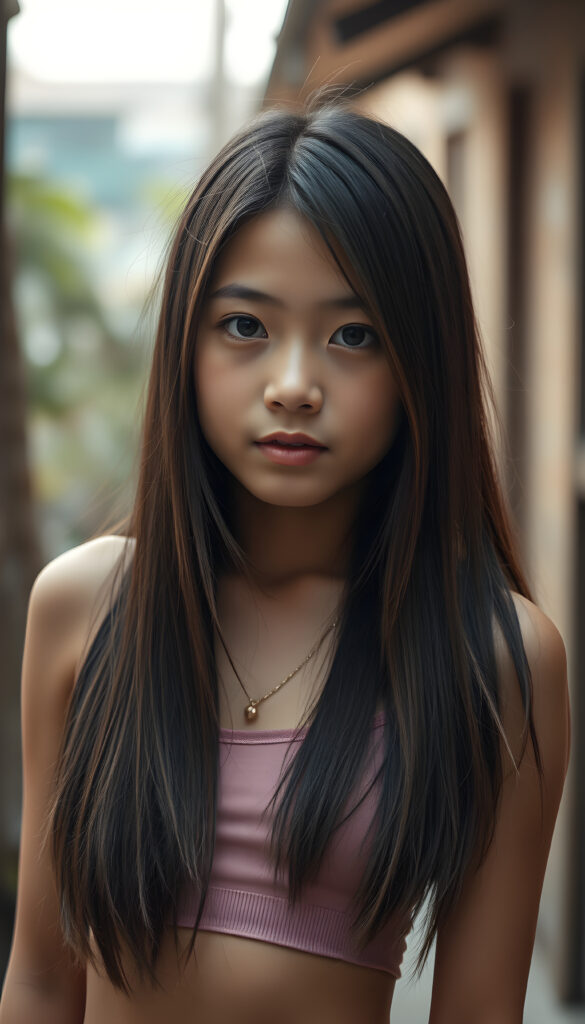 a upper portrait from a cute filipino girl with straight, open soft hair same length right and left, her hair falls down to her body, stunning, gorgeous, perfect female curved body, belly button, short tank top