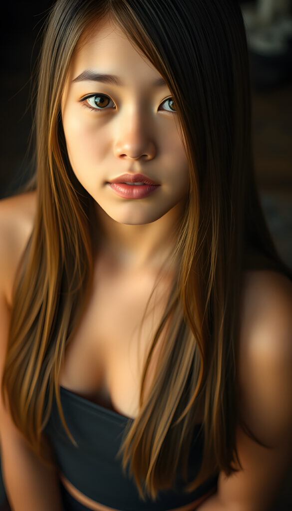 a upper portrait from a cute filipino girl with straight, open soft hair same length right and left, her hair falls down to her body, stunning, gorgeous, perfect female curved body, belly button, short tank top