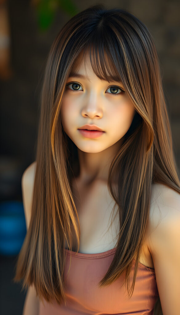 a upper portrait from a cute filipino girl with straight, open soft chestnut-brown hair with golden highlights, same length right and left, her hair falls down to her body, stunning, gorgeous, perfect female curved body, belly button, short tank top