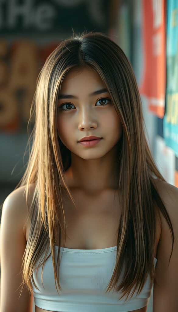 a upper portrait from a cute filipino girl with straight, open soft hair same length right and left, her hair falls down to her body, stunning, gorgeous, perfect female curved body, belly button, short tank top