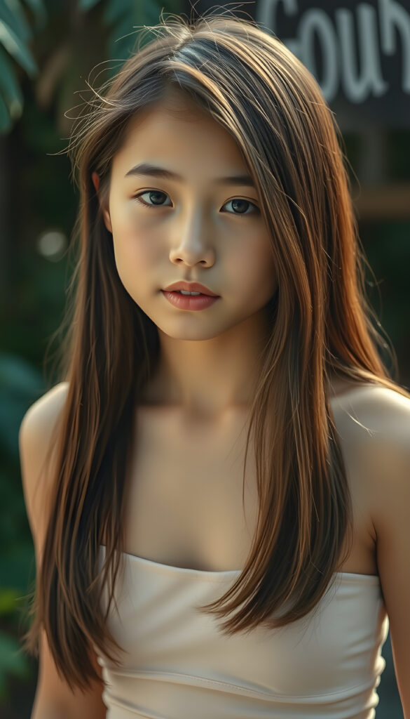 a upper portrait from a cute filipino girl with straight, open soft chestnut-brown hair with golden highlights, same length right and left, her hair falls down to her body, stunning, gorgeous, perfect female curved body, belly button, short tank top