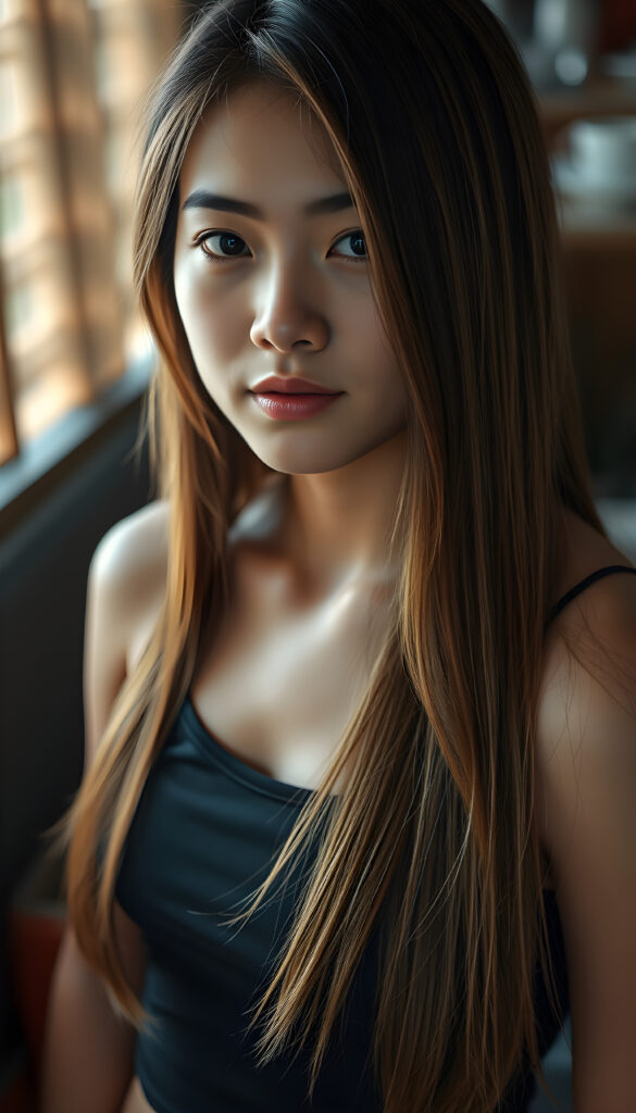 a upper portrait from a cute filipino girl with straight, open soft hair same length right and left, her hair falls down to her body, stunning, gorgeous, perfect female curved body, belly button, short tank top