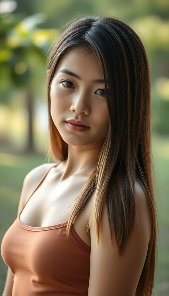 a upper portrait from a cute filipino girl with straight, open soft chestnut-brown hair with golden highlights, same length right and left, her hair falls down to her body, stunning, gorgeous, perfect female curved body, belly button, short tank top