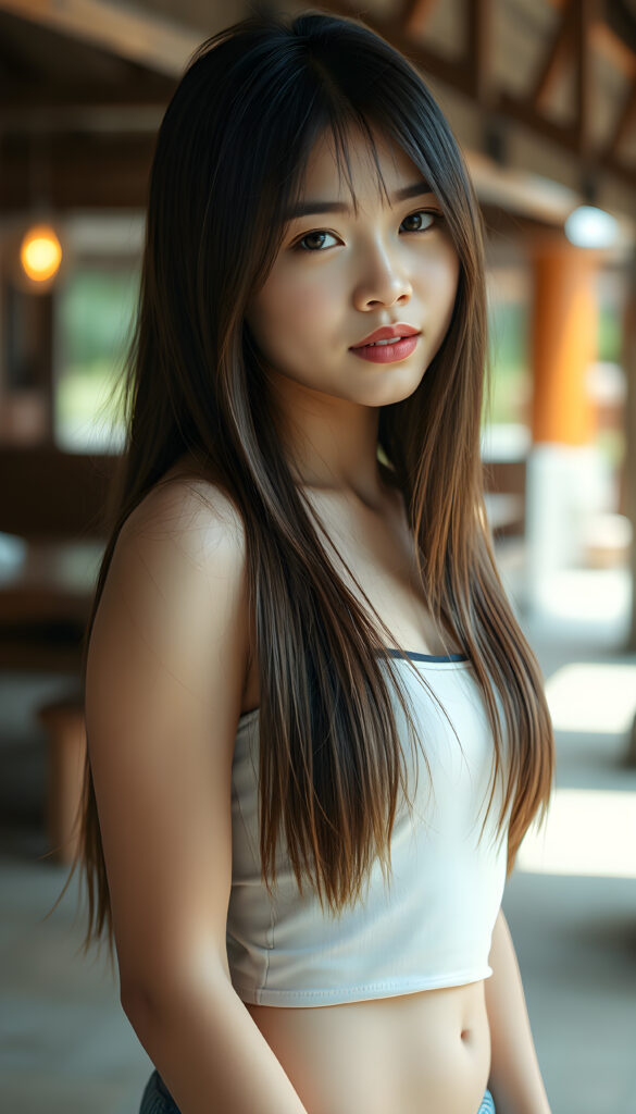 a upper portrait from a cute filipino girl with straight, open soft hair same length right and left, her hair falls down to her body, stunning, gorgeous, perfect female curved body, belly button, short tank top