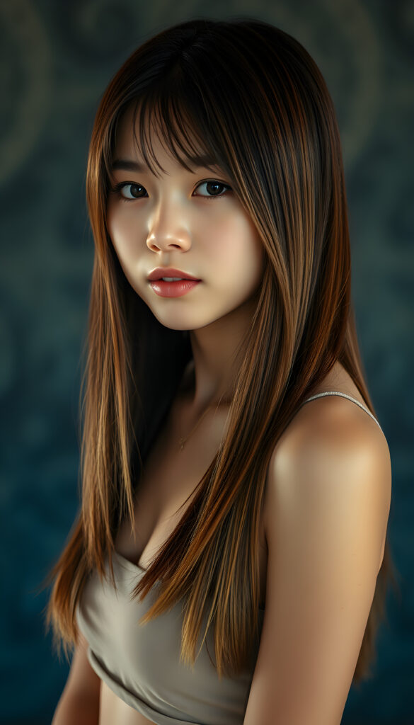 a upper portrait from a cute filipino girl with straight, open soft chestnut-brown hair with golden highlights, same length right and left, her hair falls down to her body, stunning, gorgeous, perfect female curved body, belly button, short tank top