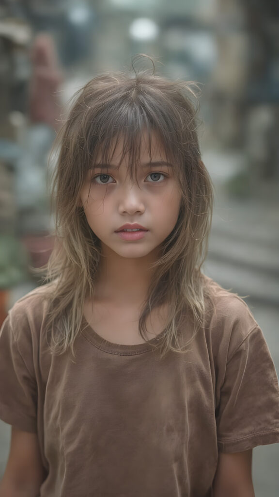a very adult Asian tomboy girl, light brown hair, stand alone, straight messy wet hair, wet skin, looks sadly at the camera, she is looking for help, detailed hair, angelic face, full body, in the street, poor dressed in a tattered brown t-shirt, dirty, vietnamese style