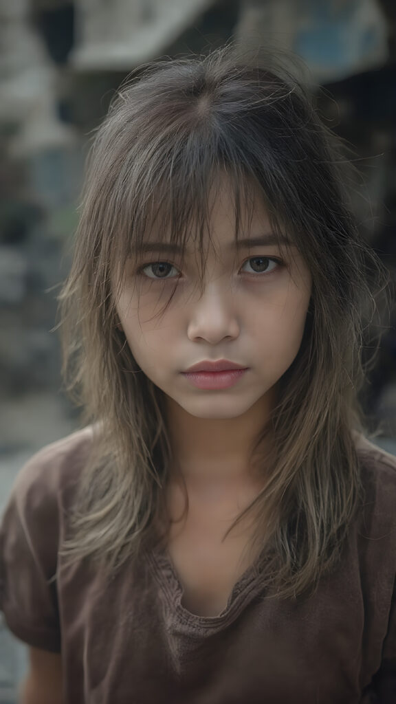 a very adult Asian tomboy girl, light brown hair, stand alone, straight messy wet hair, wet skin, looks sadly at the camera, she is looking for help, detailed hair, angelic face, full body, in the street, poor dressed in a tattered brown t-shirt, dirty, vietnamese style