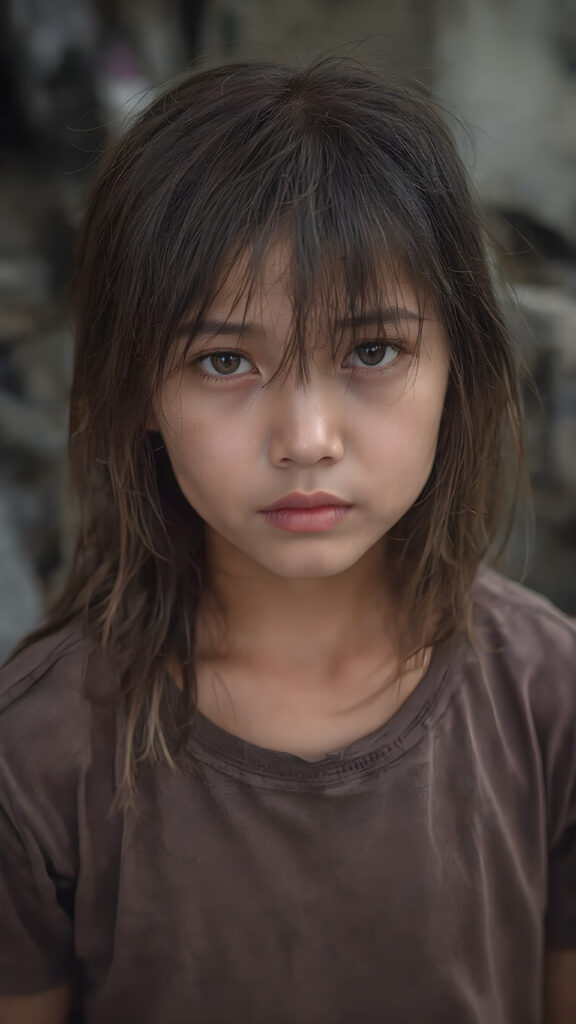 a very adult Asian tomboy girl, light brown hair, stand alone, straight messy wet hair, wet skin, looks sadly at the camera, she is looking for help, detailed hair, angelic face, full body, in the street, poor dressed in a tattered brown t-shirt, dirty, vietnamese style