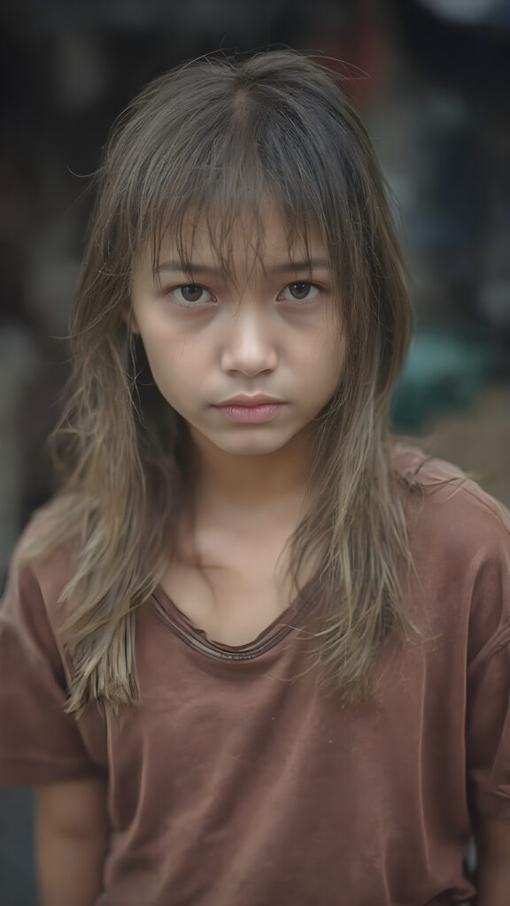 a very adult Asian tomboy girl, light brown hair, stand alone, straight messy wet hair, wet skin, looks sadly at the camera, she is looking for help, detailed hair, angelic face, full body, in the street, poor dressed in a tattered brown t-shirt, dirty, vietnamese style