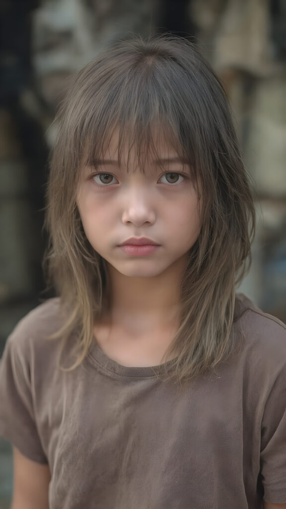 a very adult Asian tomboy girl, light brown hair, stand alone, straight messy wet hair, wet skin, looks sadly at the camera, she is looking for help, detailed hair, angelic face, full body, in the street, poor dressed in a tattered brown t-shirt, dirty, vietnamese style