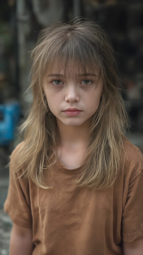 a very adult Asian tomboy girl, light brown hair, stand alone, straight messy wet hair, wet skin, looks sadly at the camera, she is looking for help, detailed hair, angelic face, full body, in the street, poor dressed in a tattered brown t-shirt, dirty, vietnamese style