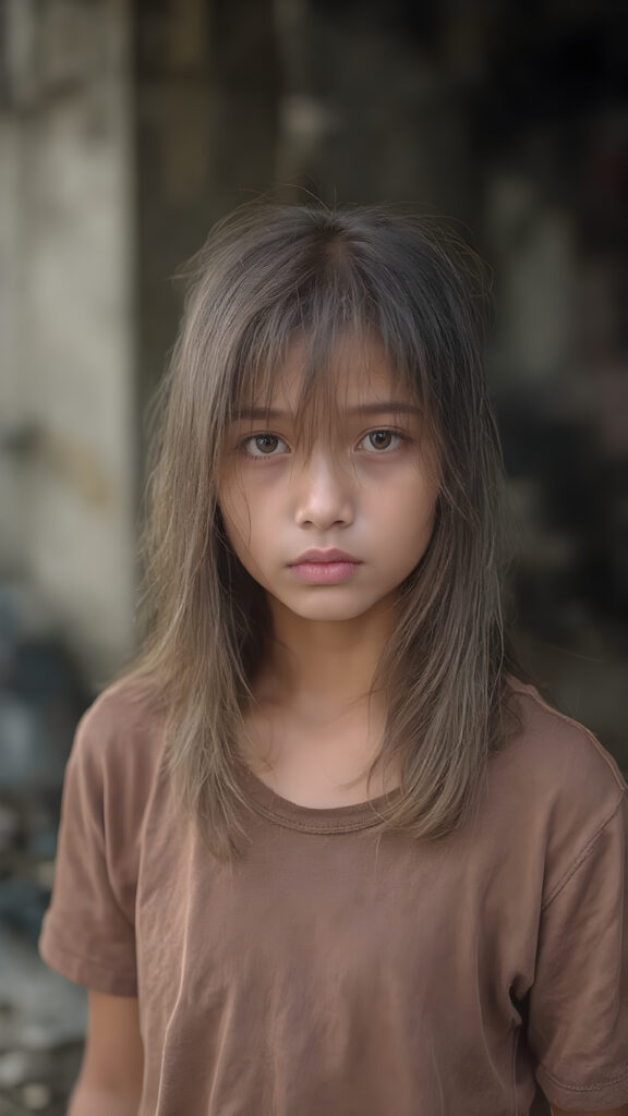 a very adult Asian tomboy girl, light brown hair, stand alone, straight messy wet hair, wet skin, looks sadly at the camera, she is looking for help, detailed hair, angelic face, full body, in the street, poor dressed in a tattered brown t-shirt, dirty, vietnamese style