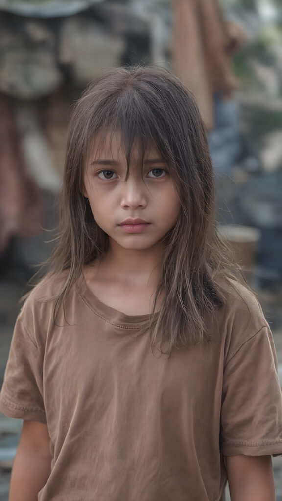 a very adult Asian tomboy girl, light brown hair, stand alone, straight messy wet hair, wet skin, looks sadly at the camera, she is looking for help, detailed hair, angelic face, full body, in the street, poor dressed in a tattered brown t-shirt, dirty, vietnamese style