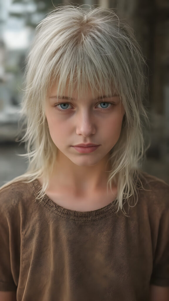 a very adult tomboy girl, white hair, stand alone, straight messy wet hair, wet skin, looks sadly at the camera, detailed hair, angelic face, full body, in the street, poor dressed in a tattered brown t-shirt, dirty