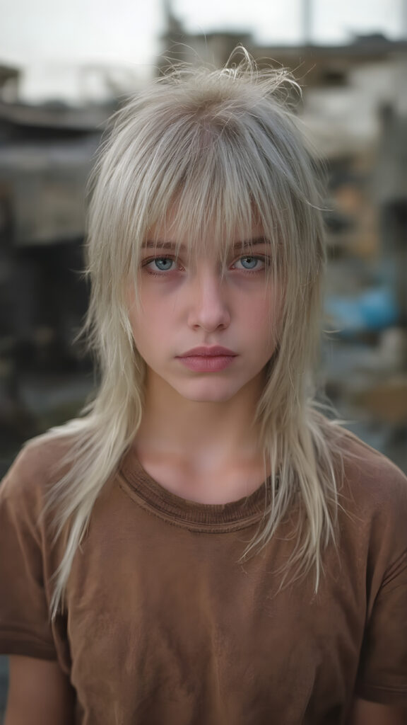 a very adult tomboy girl, white hair, stand alone, straight messy wet hair, wet skin, looks sadly at the camera, detailed hair, angelic face, full body, in the street, poor dressed in a tattered brown t-shirt, dirty