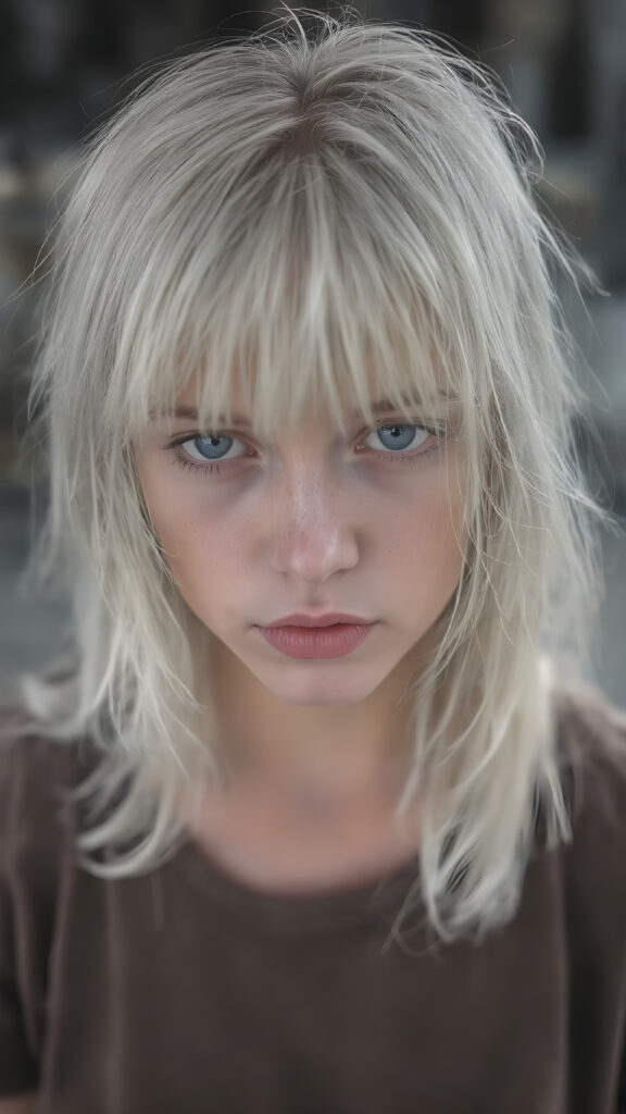 a very adult tomboy girl, white hair, stand alone, straight messy wet hair, wet skin, looks sadly at the camera, detailed hair, angelic face, full body, in the street, poor dressed in a tattered brown t-shirt, dirty