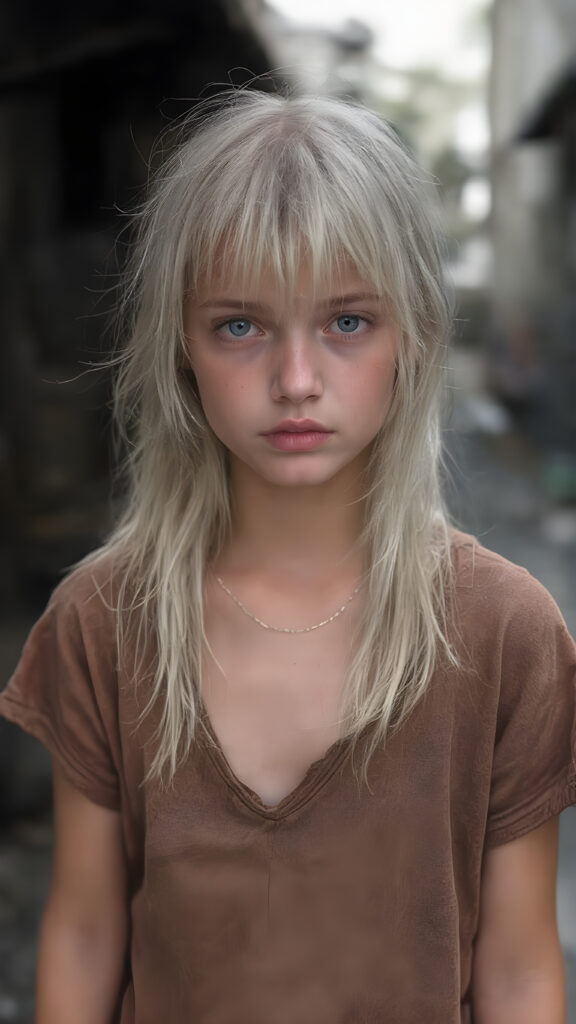 a very adult tomboy girl, white hair, stand alone, straight messy wet hair, wet skin, looks sadly at the camera, detailed hair, angelic face, full body, in the street, poor dressed in a tattered brown t-shirt, dirty