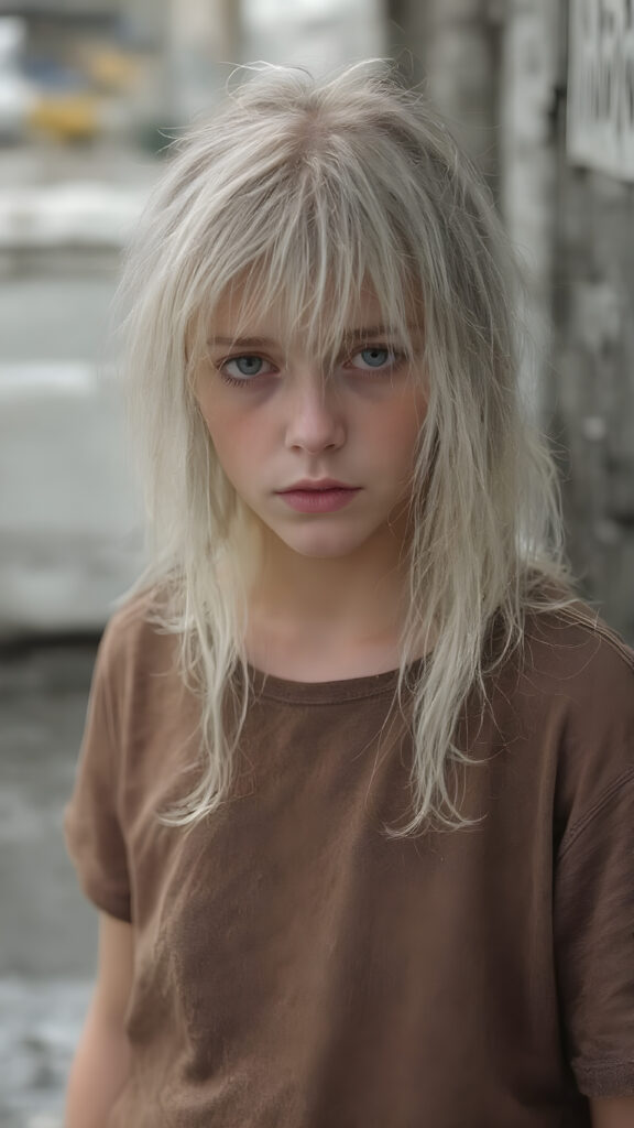 a very adult tomboy girl, white hair, stand alone, straight messy wet hair, wet skin, looks sadly at the camera, detailed hair, angelic face, full body, in the street, poor dressed in a tattered brown t-shirt, dirty