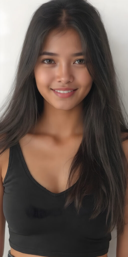 a (((very beautiful Pinay teenage girl))), with long, flowing, voluminous (((detailed soft COLOR hair))), styled in a sleek, shiny, straight haircut with sharp, defined (((full lips))), emitting an ethereal glow that complements her otherwise natural features, dressed in a (((black short thin plain and cropped tank top made of fine wool, deep v-neck))), perfect curved fit body, she radiates pure joy, smile, perfect white teeth, round realistic face, round shiny amber eyes, full kissable lips, Philippines, all against a COLOR backdrop, perfect shadows and light