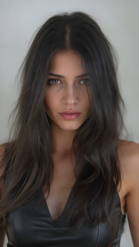 a (((very beautiful, young woman))), age 25, with (((long, flowing black hair))), (((extremely slender and lean muscles and bones))) that give her an ethereal appearance, dressed in a (((full-body sleek black leather dress))) that make her hands and wrists look even more elegant and sophisticated