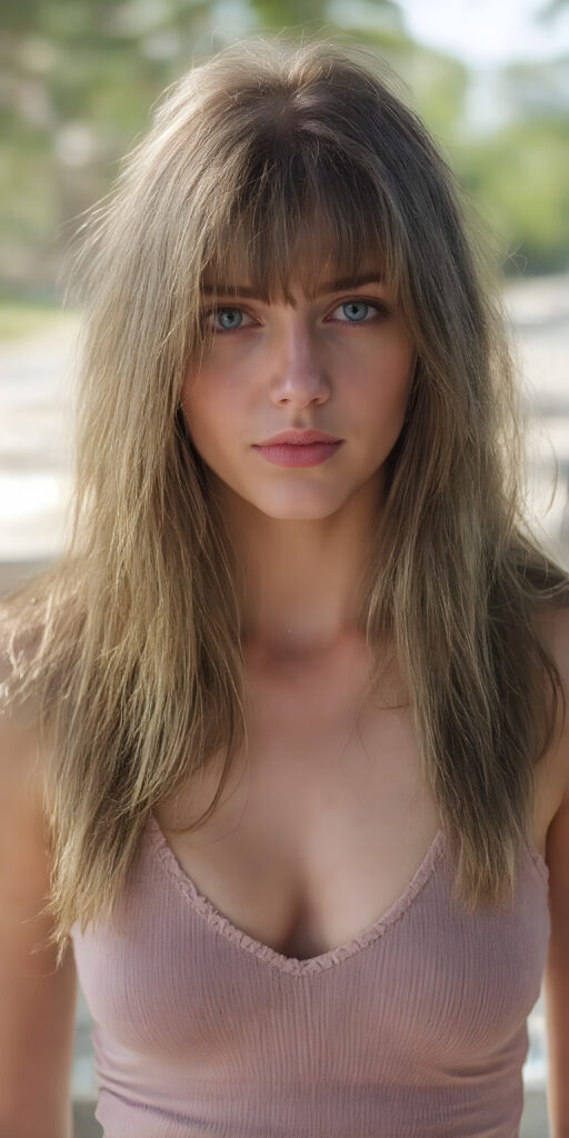 a (((very beautiful young well busty teen girl))), with (((hazelnut soft long hair, bangs, frame her face))), she wears a (((super short, tight tank top, deep v-neck))), round face, full lips, perfect curved body, the sun-kissed scene sets the stage for her breathtaking beauty