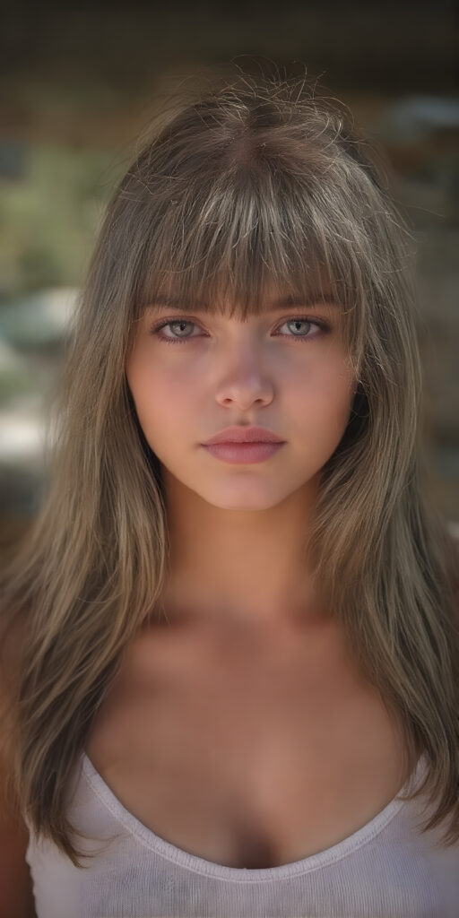 a (((very beautiful young well busty teen girl))), with (((hazelnut soft long hair, bangs, frame her face))), she wears a (((super short, tight tank top, deep v-neck))), round face, full lips, perfect curved body, the sun-kissed scene sets the stage for her breathtaking beauty