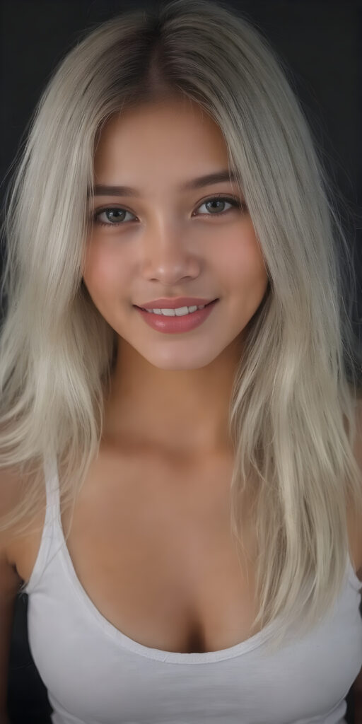 a (((very beautiful Pinay teenage girl))), with long, flowing, voluminous (((detailed soft COLOR hair))), styled in a sleek, shiny, straight haircut with sharp, defined (((full lips))), emitting an ethereal glow that complements her otherwise natural features, dressed in a (((black short thin plain and cropped tank top made of fine wool, deep v-neck))), perfect curved fit body, she radiates pure joy, smile, perfect white teeth, round realistic face, round shiny amber eyes, full kissable lips, Philippines, all against a COLOR backdrop, perfect shadows and light