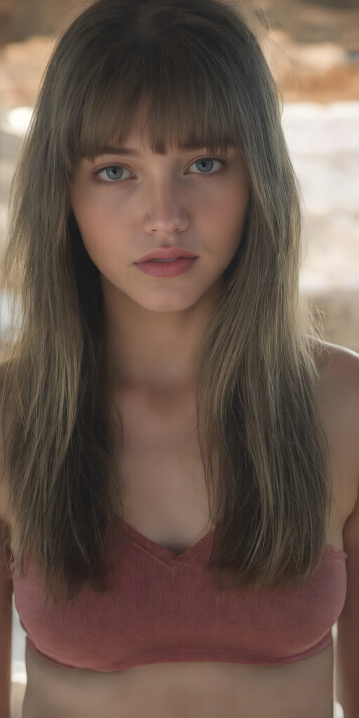 a (((very beautiful young well busty teen girl))), with (((hazelnut soft long hair, bangs, frame her face))), she wears a (((super short, tight tank top, deep v-neck))), round face, full lips, perfect curved body, the sun-kissed scene sets the stage for her breathtaking beauty