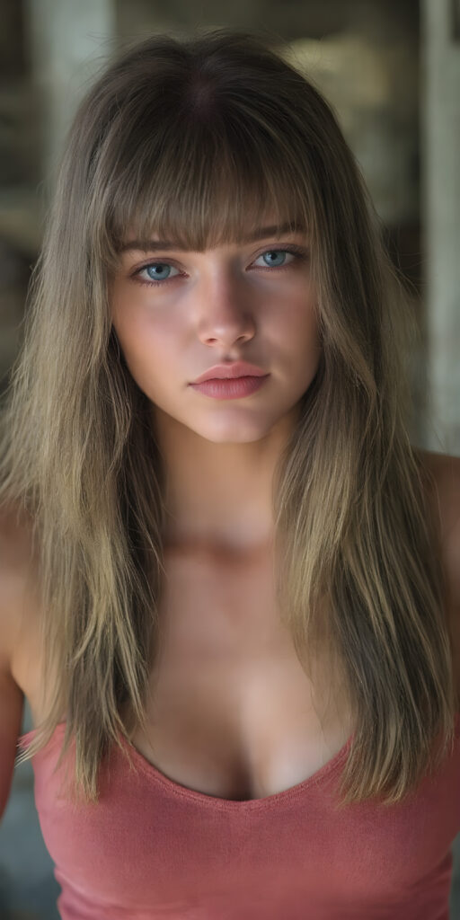 a (((very beautiful young well busty teen girl))), with (((hazelnut soft long hair, bangs, frame her face))), she wears a (((super short, tight tank top, deep v-neck))), round face, full lips, perfect curved body, the sun-kissed scene sets the stage for her breathtaking beauty