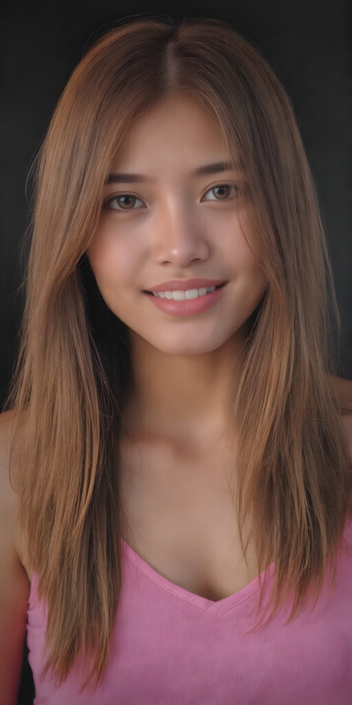 a (((very beautiful Pinay teenage girl))), with long, flowing, voluminous (((detailed soft COLOR hair))), styled in a sleek, shiny, straight haircut with sharp, defined (((full lips))), emitting an ethereal glow that complements her otherwise natural features, dressed in a (((black short thin plain and cropped tank top made of fine wool, deep v-neck))), perfect curved fit body, she radiates pure joy, smile, perfect white teeth, round realistic face, round shiny amber eyes, full kissable lips, Philippines, all against a COLOR backdrop, perfect shadows and light