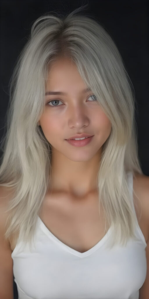 a (((very beautiful Pinay teenage girl))), with long, flowing, voluminous (((detailed soft COLOR hair))), styled in a sleek, shiny, straight haircut with sharp, defined (((full lips))), emitting an ethereal glow that complements her otherwise natural features, dressed in a (((black short thin plain and cropped tank top made of fine wool, deep v-neck))), perfect curved fit body, she radiates pure joy, smile, perfect white teeth, round realistic face, round shiny amber eyes, full kissable lips, Philippines, all against a COLOR backdrop, perfect shadows and light