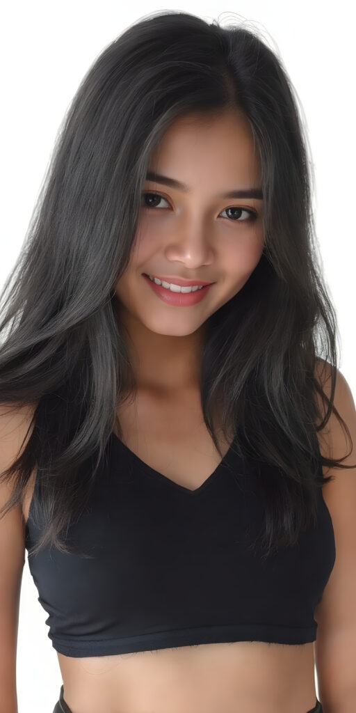 a (((very beautiful Pinay teenage girl))), with long, flowing, voluminous (((detailed soft COLOR hair))), styled in a sleek, shiny, straight haircut with sharp, defined (((full lips))), emitting an ethereal glow that complements her otherwise natural features, dressed in a (((black short thin plain and cropped tank top made of fine wool, deep v-neck))), perfect curved fit body, she radiates pure joy, smile, perfect white teeth, round realistic face, round shiny amber eyes, full kissable lips, Philippines, all against a COLOR backdrop, perfect shadows and light