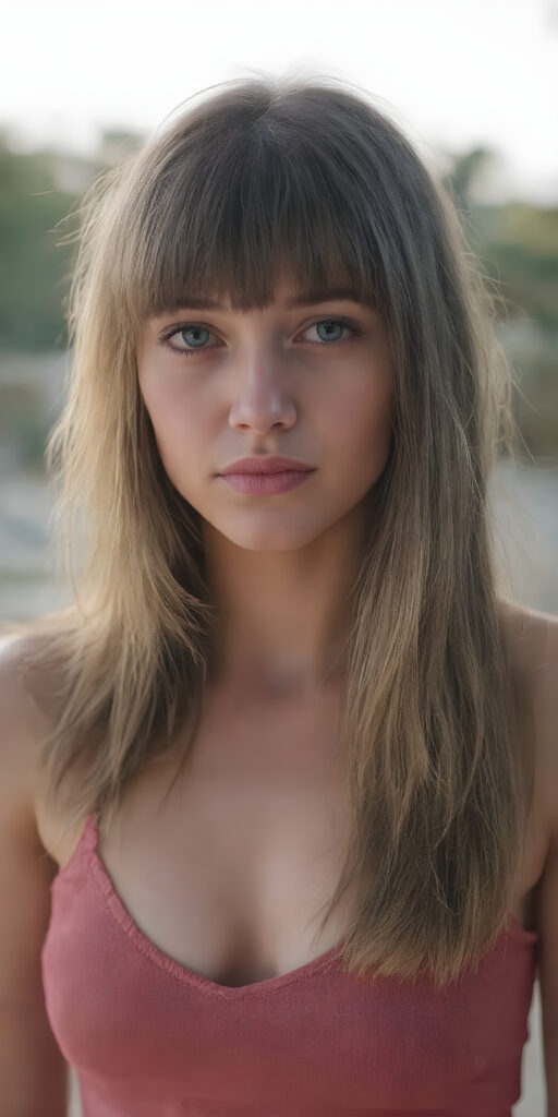 a (((very beautiful young well busty teen girl))), with (((hazelnut soft long hair, bangs, frame her face))), she wears a (((super short, tight tank top, deep v-neck))), round face, full lips, perfect curved body, the sun-kissed scene sets the stage for her breathtaking beauty