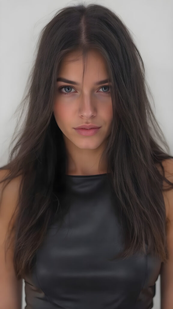 a (((very beautiful, young woman))), age 25, with (((long, flowing black hair))), (((extremely slender and lean muscles and bones))) that give her an ethereal appearance, dressed in a (((full-body sleek black leather dress))) that make her hands and wrists look even more elegant and sophisticated