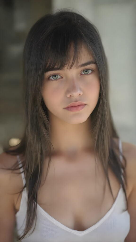 a very beautiful, youthful, pretty and attractive ((well busty teen girl)), with delicate, (long straight black soft hair) with bangs cut, ((natural light skin)), and (((bright white) toned skin on her face and delicate light ((cheeks)), accompanied by ((full lips). (((The girl wears a, ((white short tank top, deep v-neck)), stands in a (natural, bright light) backdrop, with ((no artificial light)) and the sun's rays are reflected from her face, creating a ethereal glow. The image gives a 15-year-old girl a sense of innocence and natural beauty.