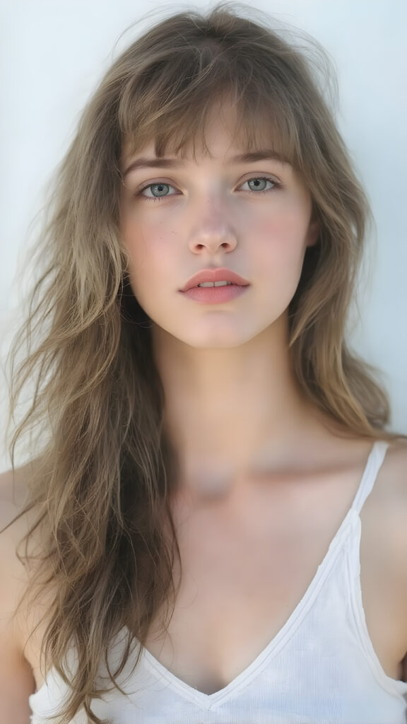 a very beautiful, youthful, pretty and attractive ((Exotic teen girl)), with delicate, (long wavy hair) with bangs cut, ((natural light skin)), and (((bright white) toned skin on her face and delicate light ((cheeks)), accompanied by ((full, rosy lips), that are naturally pink and not exaggerated. (((The girl wears a cool, ((white short tank top, deep v-neck)), the girl stands in a (natural, bright light) backdrop, with ((no artificial light)) and the sun's rays are reflected from her face, creating a ethereal glow. The image gives a 15-year-old girl a sense of innocence and natural beauty.