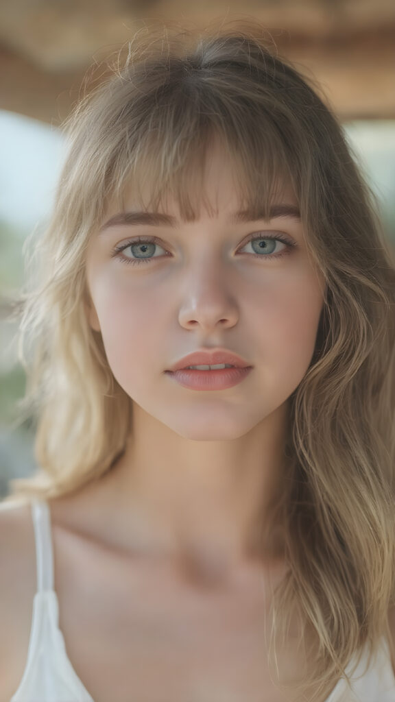 a very beautiful, youthful, pretty and attractive ((Exotic teen girl)), with delicate, (long wavy hair) with bangs cut, ((natural light skin)), and (((bright white) toned skin on her face and delicate light ((cheeks)), accompanied by ((full, rosy lips), that are naturally pink and not exaggerated. (((The girl wears a cool, ((white short tank top, deep v-neck)), the girl stands in a (natural, bright light) backdrop, with ((no artificial light)) and the sun's rays are reflected from her face, creating a ethereal glow. The image gives a 15-year-old girl a sense of innocence and natural beauty.