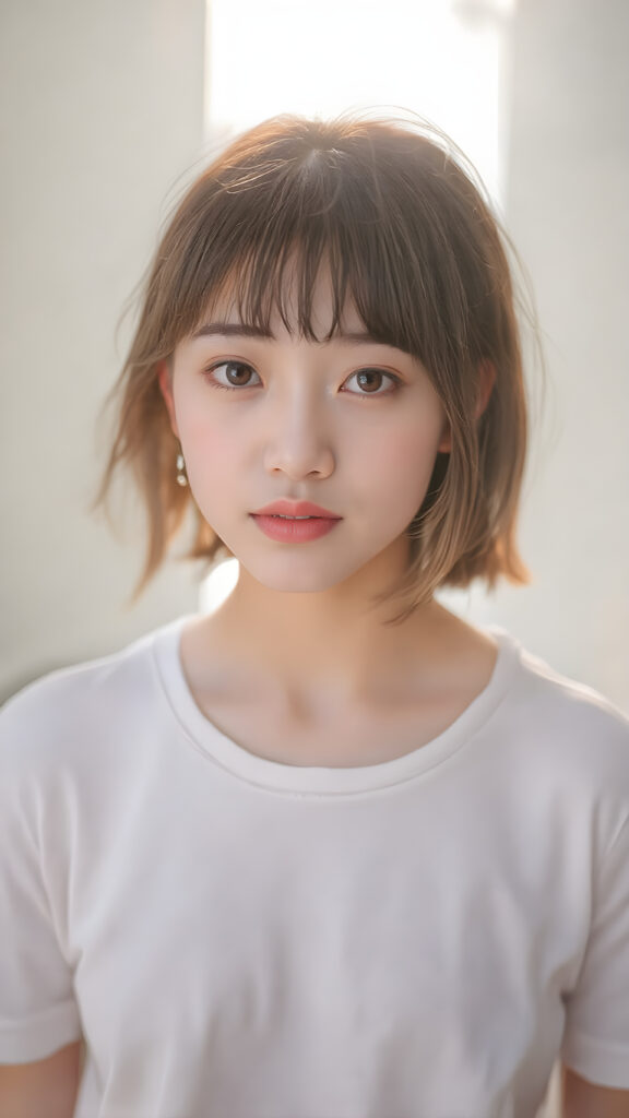 a very beautiful, youthful, pretty and attractive ((Oriental teen girl)), with delicate, (straight maroon hair) with bangs cut, ((natural light skin)), and (((bright white) toned skin on her face and delicate light ((cheeks)), accompanied by ((full, rosy lips), that are naturally pink and not exaggerated. (((The girl wears a cool, ((white short shirt)), with ((tiny, loose and translucent maroon shorts)), over a tight, ((white thigh-slit skirt)), that is tight and reveals her skinny, athletic and toned legs. She also wears ((white sandals on her feet)). The girl stands in a (natural, bright light) backdrop, with ((no artificial light)) and the sun's rays are reflected from her face, creating a ethereal glow. The image gives a 15-year-old girl a sense of innocence and natural beauty.