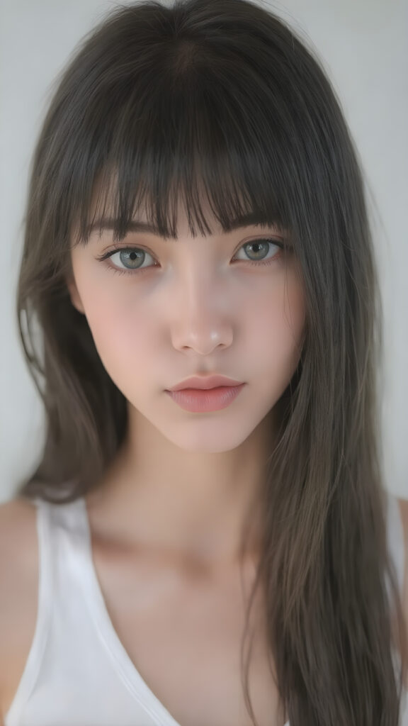 a very beautiful, youthful, pretty and attractive ((well busty girl)), with delicate, (long straight black soft fine hair) with bangs cut, ((natural light skin)), and (((bright white) toned skin on her face and delicate light ((cheeks)), accompanied by ((full lips). (((The girl wears a, ((white short tank top, deep v-neck)). The image gives a 15-year-old girl a sense of innocence and natural beauty.