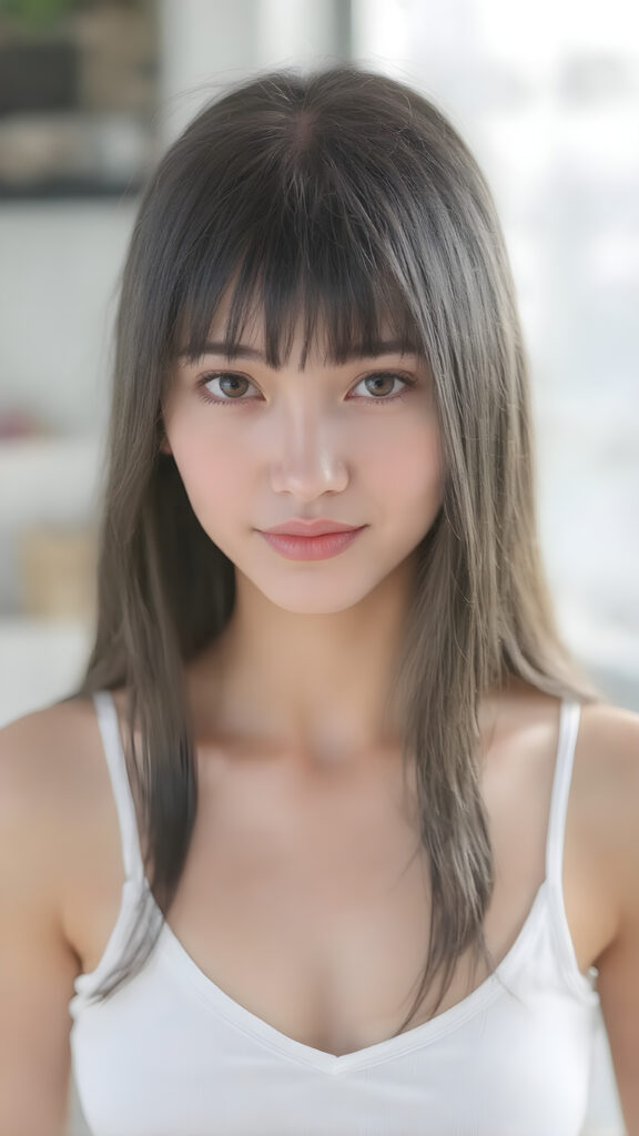 a very beautiful, youthful, pretty and attractive ((well busty girl)), with delicate, (long straight black soft fine hair) with bangs cut, ((natural light skin)), and (((bright white) toned skin on her face and delicate light ((cheeks)), accompanied by ((full lips). (((The girl wears a, ((white short tank top, deep v-neck)). The image gives a 15-year-old girl a sense of innocence and natural beauty.