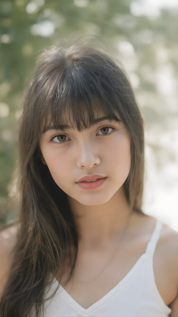 a very beautiful, youthful, pretty and attractive ((well busty teen girl)), with delicate, (long straight black soft hair) with bangs cut, ((natural light skin)), and (((bright white) toned skin on her face and delicate light ((cheeks)), accompanied by ((full lips). (((The girl wears a, ((white short tank top, deep v-neck)), stands in a (natural, bright light) backdrop, with ((no artificial light)) and the sun's rays are reflected from her face, creating a ethereal glow. The image gives a 15-year-old girl a sense of innocence and natural beauty.