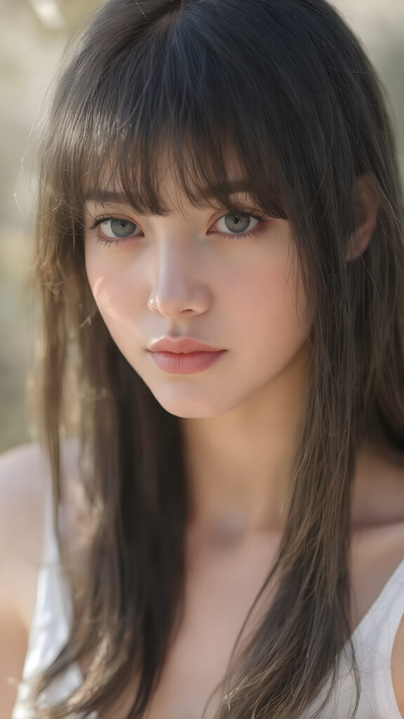 a very beautiful, youthful, pretty and attractive ((well busty teen girl)), with delicate, (long straight black soft hair) with bangs cut, ((natural light skin)), and (((bright white) toned skin on her face and delicate light ((cheeks)), accompanied by ((full lips). (((The girl wears a, ((white short tank top, deep v-neck)), stands in a (natural, bright light) backdrop, with ((no artificial light)) and the sun's rays are reflected from her face, creating a ethereal glow. The image gives a 15-year-old girl a sense of innocence and natural beauty.