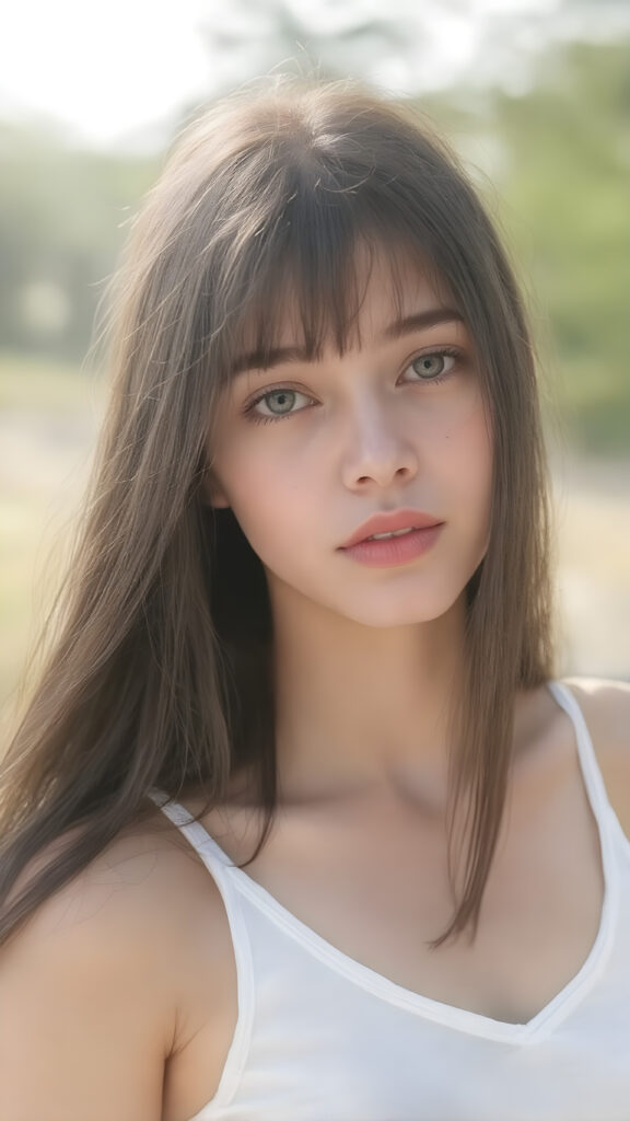 a very beautiful, youthful, pretty and attractive ((well busty teen girl)), with delicate, (long straight black soft hair) with bangs cut, ((natural light skin)), and (((bright white) toned skin on her face and delicate light ((cheeks)), accompanied by ((full lips). (((The girl wears a, ((white short tank top, deep v-neck)), stands in a (natural, bright light) backdrop, with ((no artificial light)) and the sun's rays are reflected from her face, creating a ethereal glow. The image gives a 15-year-old girl a sense of innocence and natural beauty.