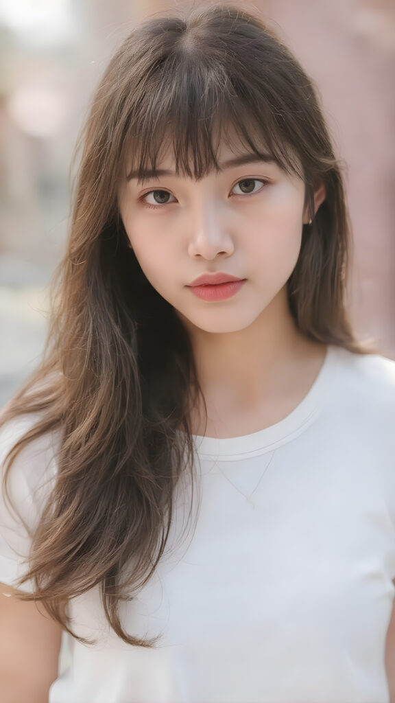 a very beautiful, youthful, pretty and attractive ((Oriental teen girl)), with delicate, (straight maroon hair) with bangs cut, ((natural light skin)), and (((bright white) toned skin on her face and delicate light ((cheeks)), accompanied by ((full, rosy lips), that are naturally pink and not exaggerated. (((The girl wears a cool, ((white short shirt)), with ((tiny, loose and translucent maroon shorts)), over a tight, ((white thigh-slit skirt)), that is tight and reveals her skinny, athletic and toned legs. She also wears ((white sandals on her feet)). The girl stands in a (natural, bright light) backdrop, with ((no artificial light)) and the sun's rays are reflected from her face, creating a ethereal glow. The image gives a 15-year-old girl a sense of innocence and natural beauty.